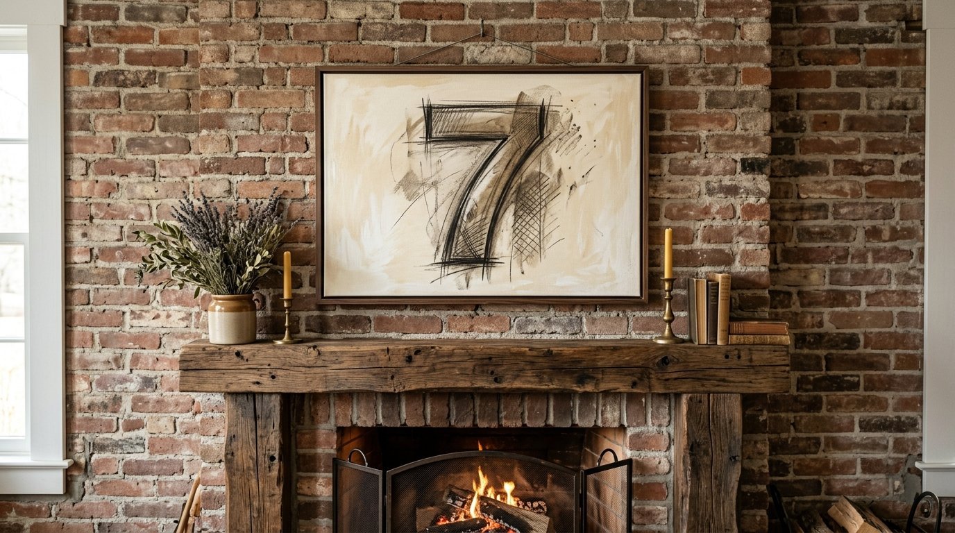 Sketch of number seven in dark charcoal on canvas displayed on exposed brick wall over a wooden fireplace mantle.