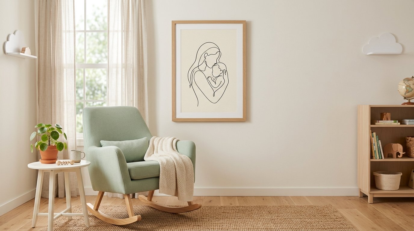 A sage green rocking chair sits next to a side table with a plant, under framed motherhood line art in a cozy nursery.