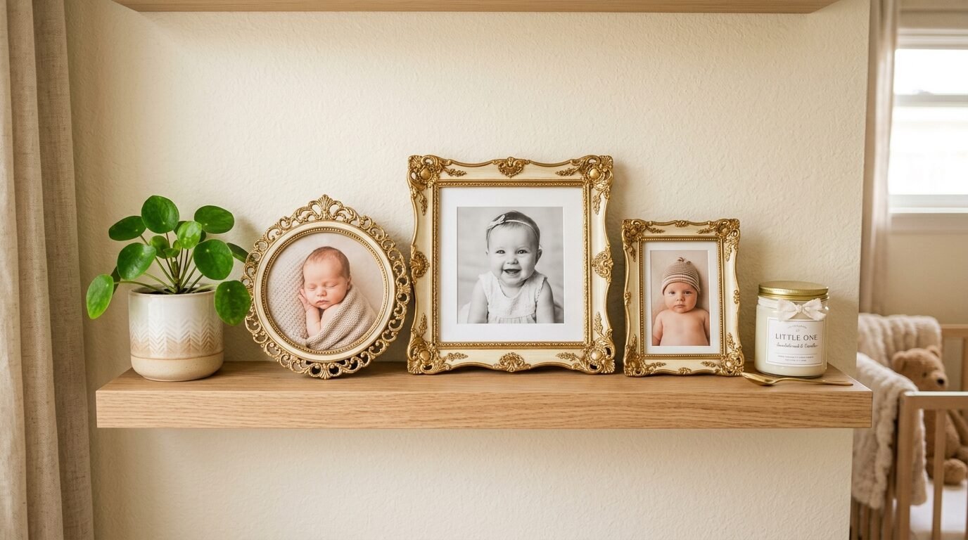Wooden floating shelf holding a potted plant, three vintage gold frames with baby photos, and a scented candle.
