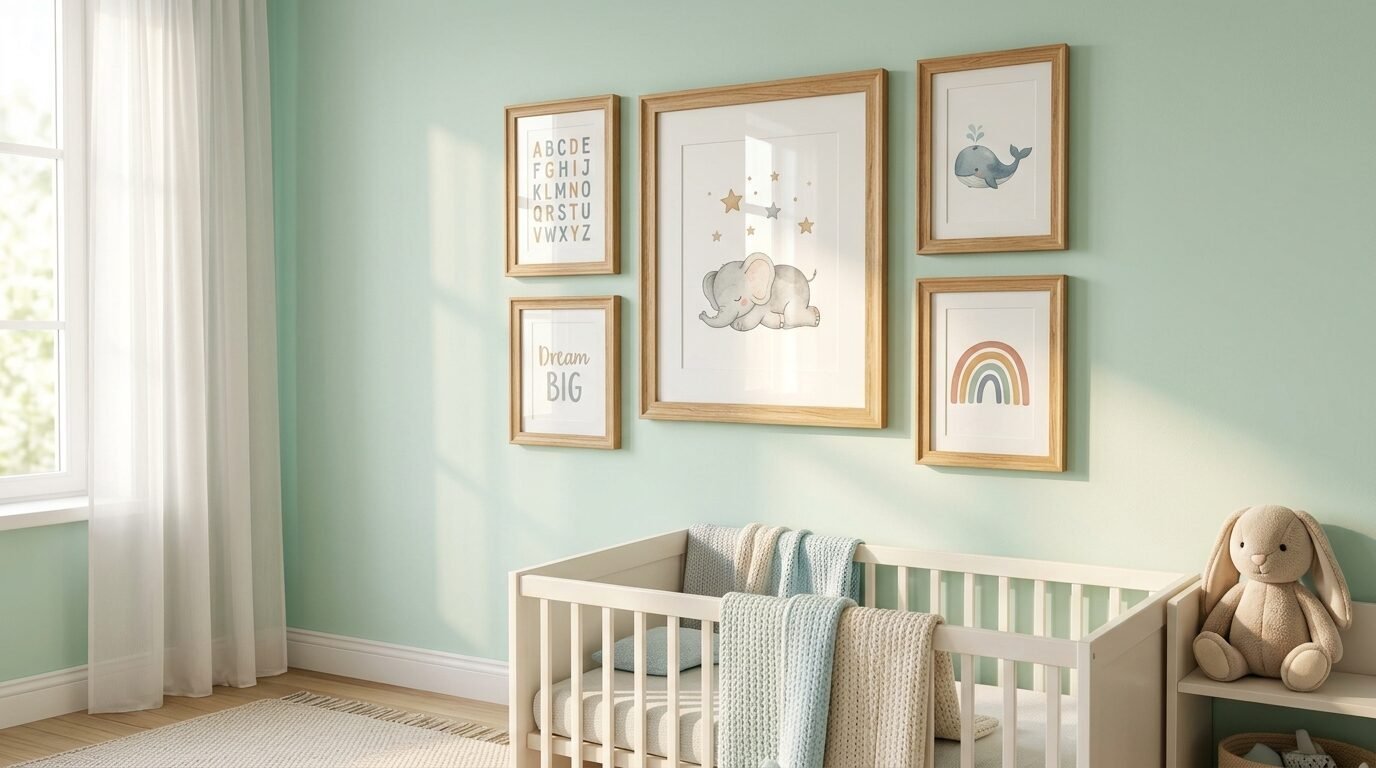 Wooden frames with elephant, whale, and alphabet art hanging on a light mint green bedroom wall over a baby crib.