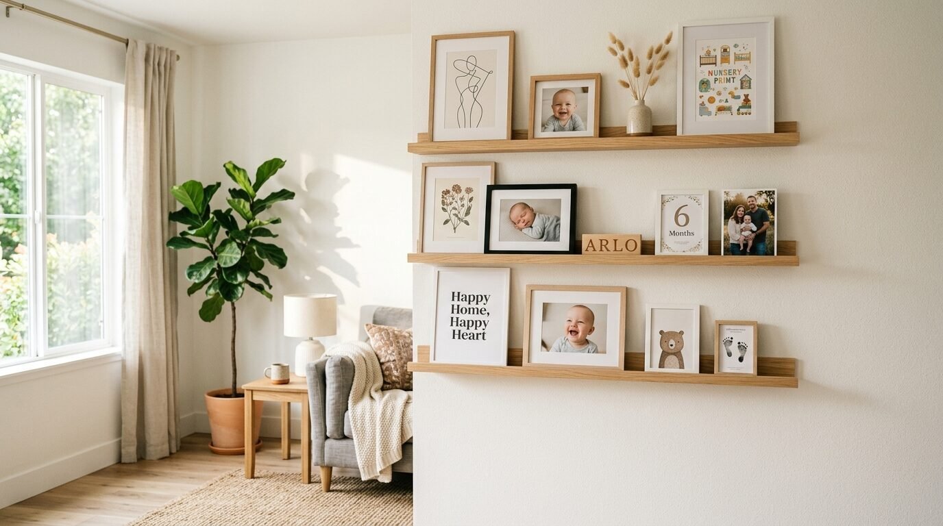 Three wooden floating shelves on a white wall display framed family photos, baby milestone signs, and minimalist line art.
