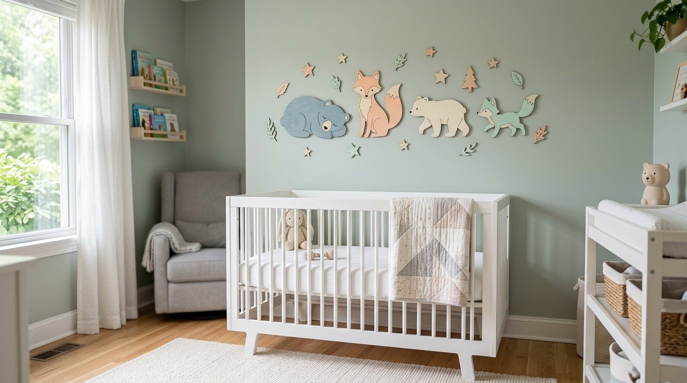 White crib in a nursery with sage green walls featuring wooden cutouts of foxes and bears.