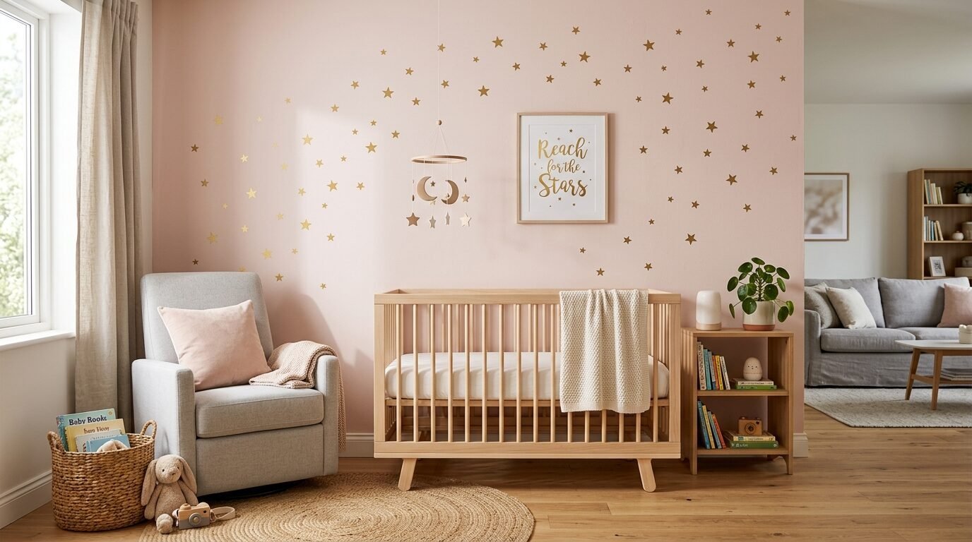 Wooden baby crib in a pink nursery decorated with gold star wall decals and a moon mobile.