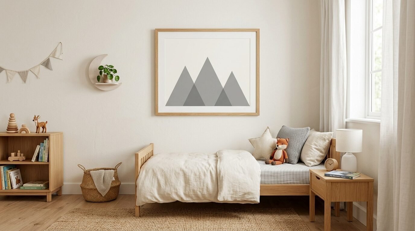 Wooden framed print of gray geometric mountains centered above a toddler bed in a neutral nursery room.