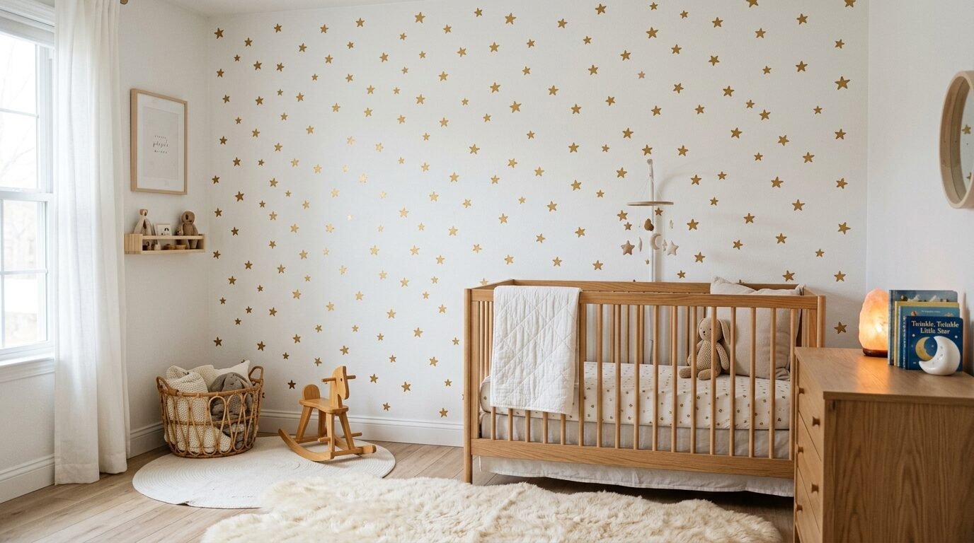 A baby bedroom featuring a wooden crib, rocking horse, and gold star wall stickers.