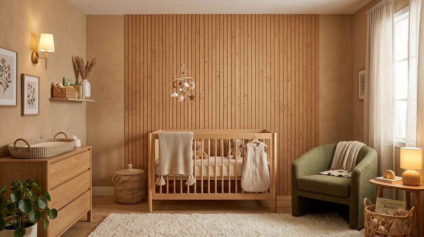 A warm-toned nursery with a wooden crib, a green armchair, and a mobile hanging against a textured slat wall.