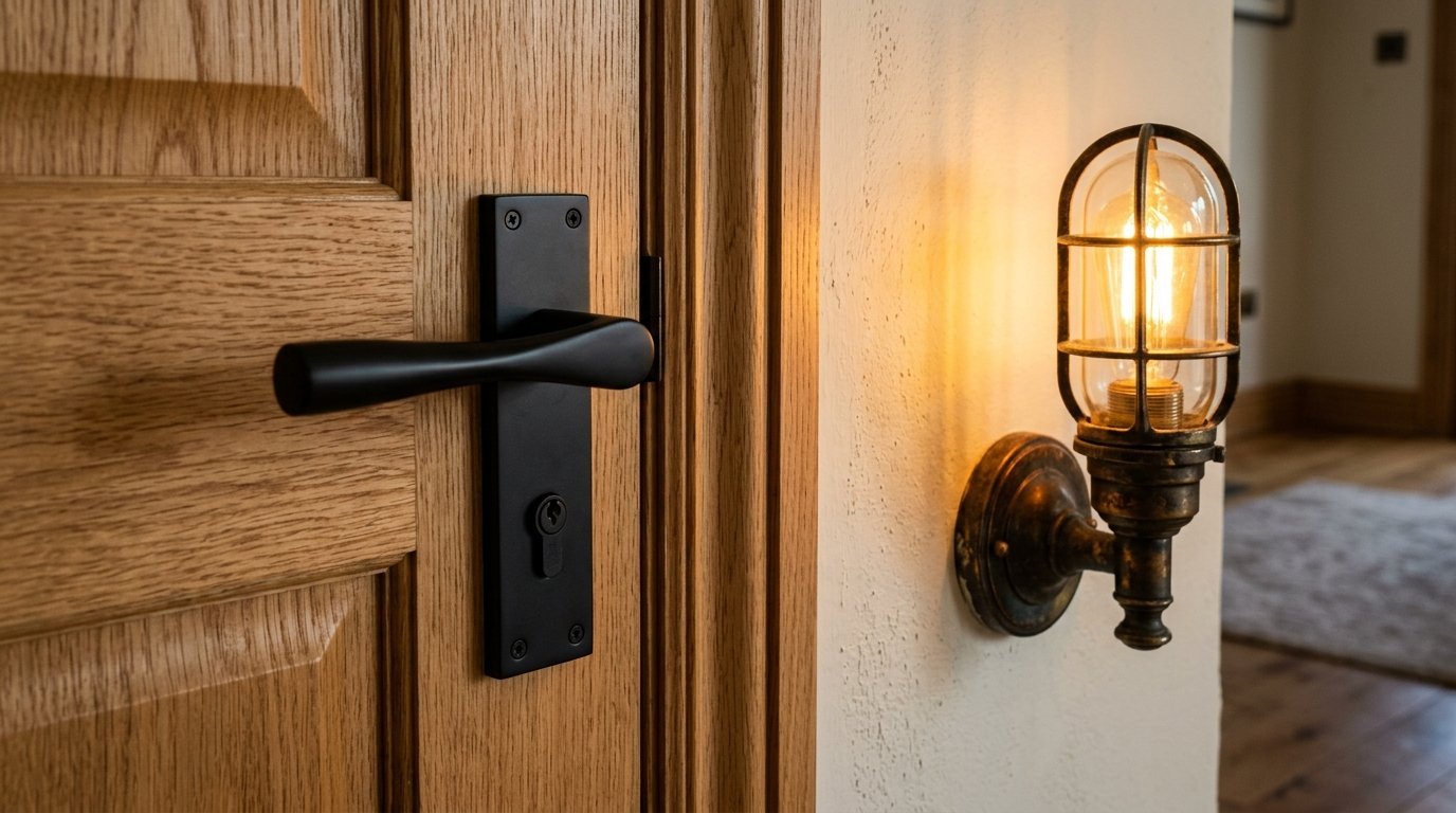 Close up of a matte black handle on an oak wood door next to a lit antique-style metal cage lantern wall light.