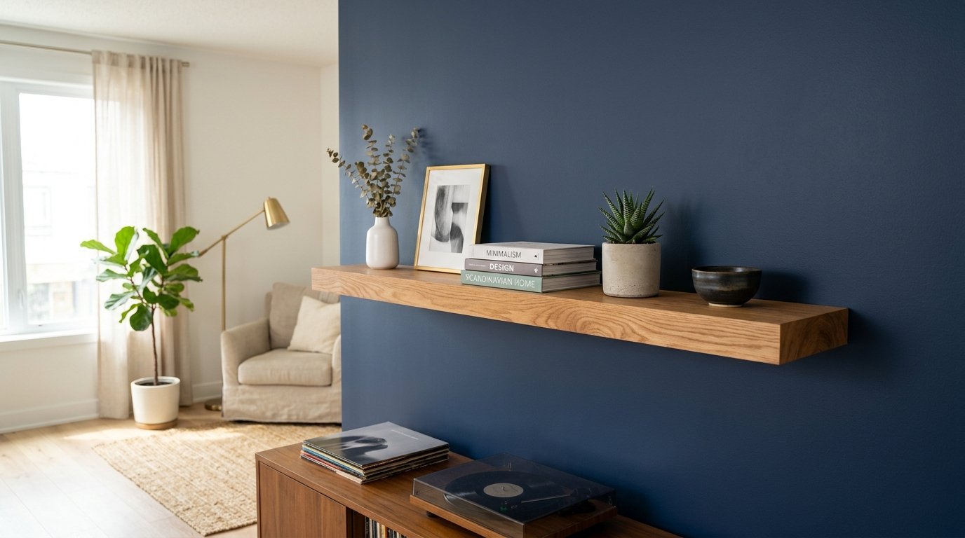 Natural wood floating shelf featuring books, a plant, and a gold picture frame against a navy blue wall.