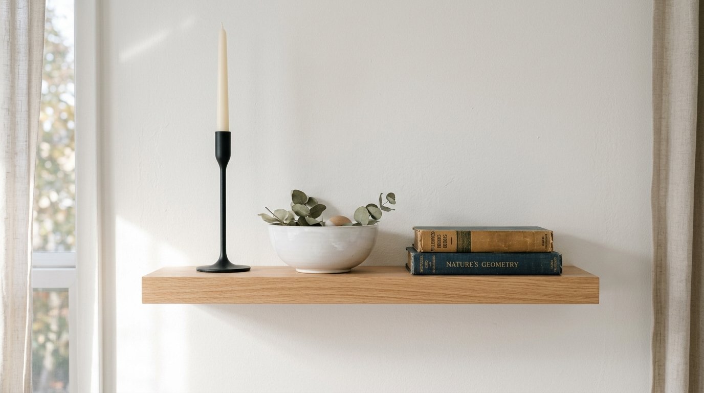 A simple wooden shelf holds a black candle holder, a ceramic bowl with eucalyptus, and a stack of two vintage books.