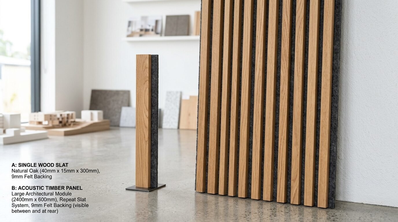 A single oak wood slat and a large vertical acoustic panel with grey felt backing on a polished concrete floor.
