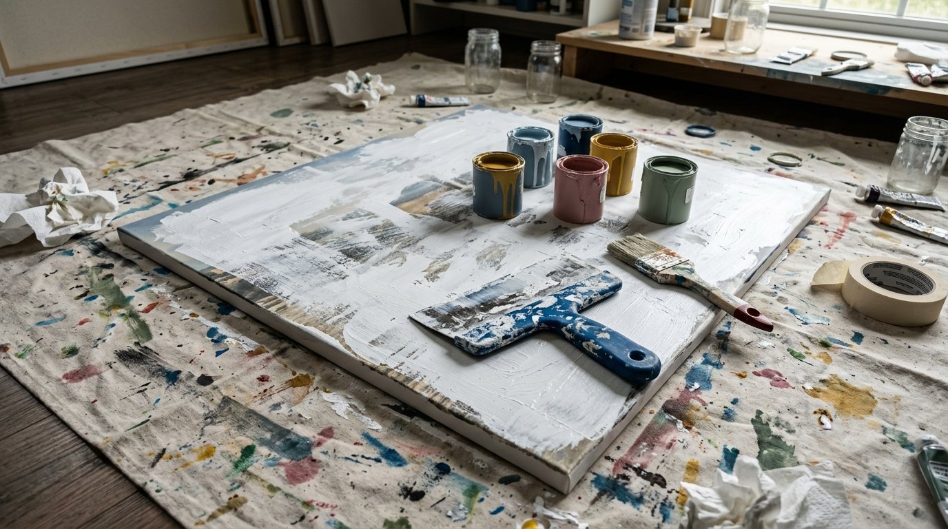 A canvas covered in white paint sitting on a drop cloth with colorful paint containers and tools.