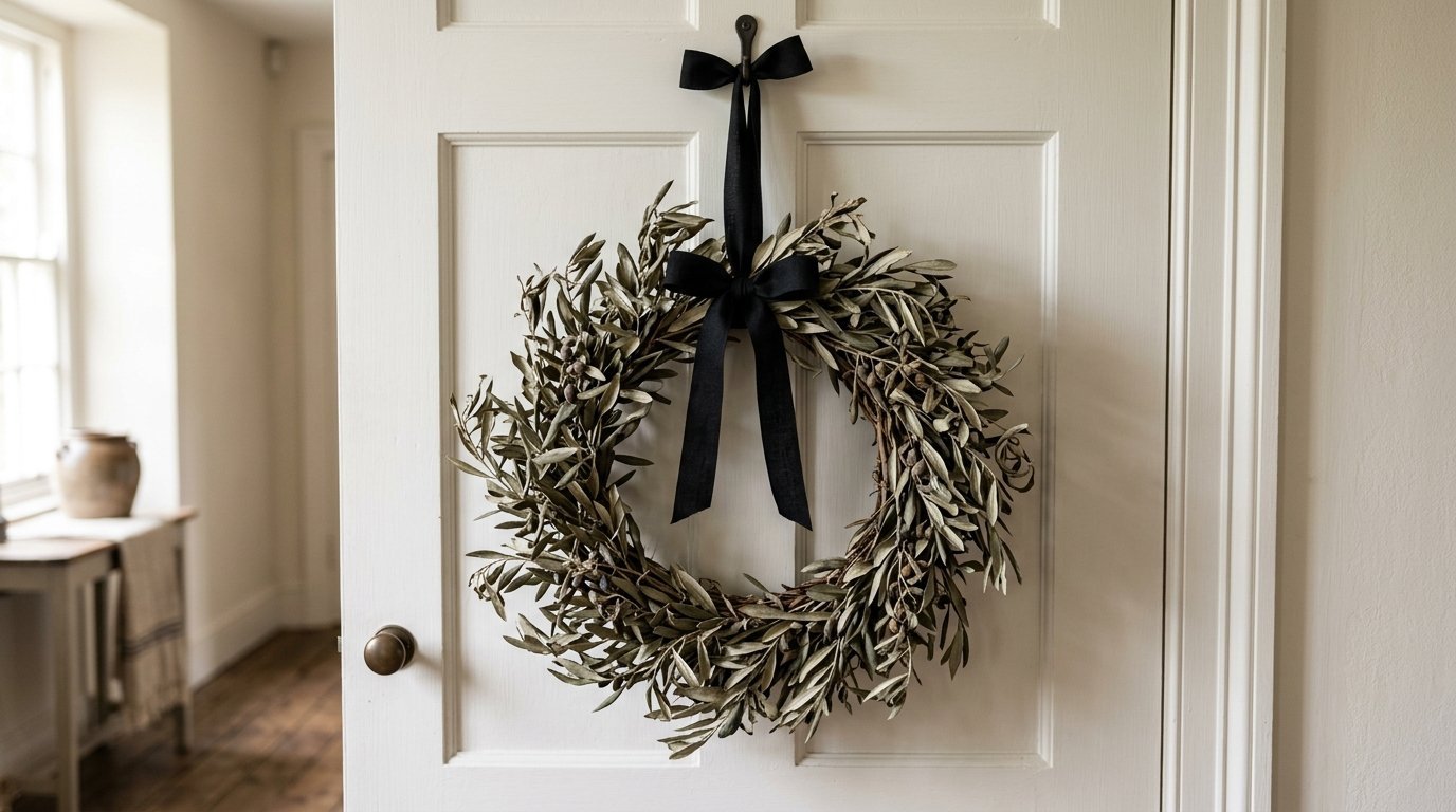 Natural green olive branch wreath decorated with a long black bow, mounted on a farmhouse style white interior door.
