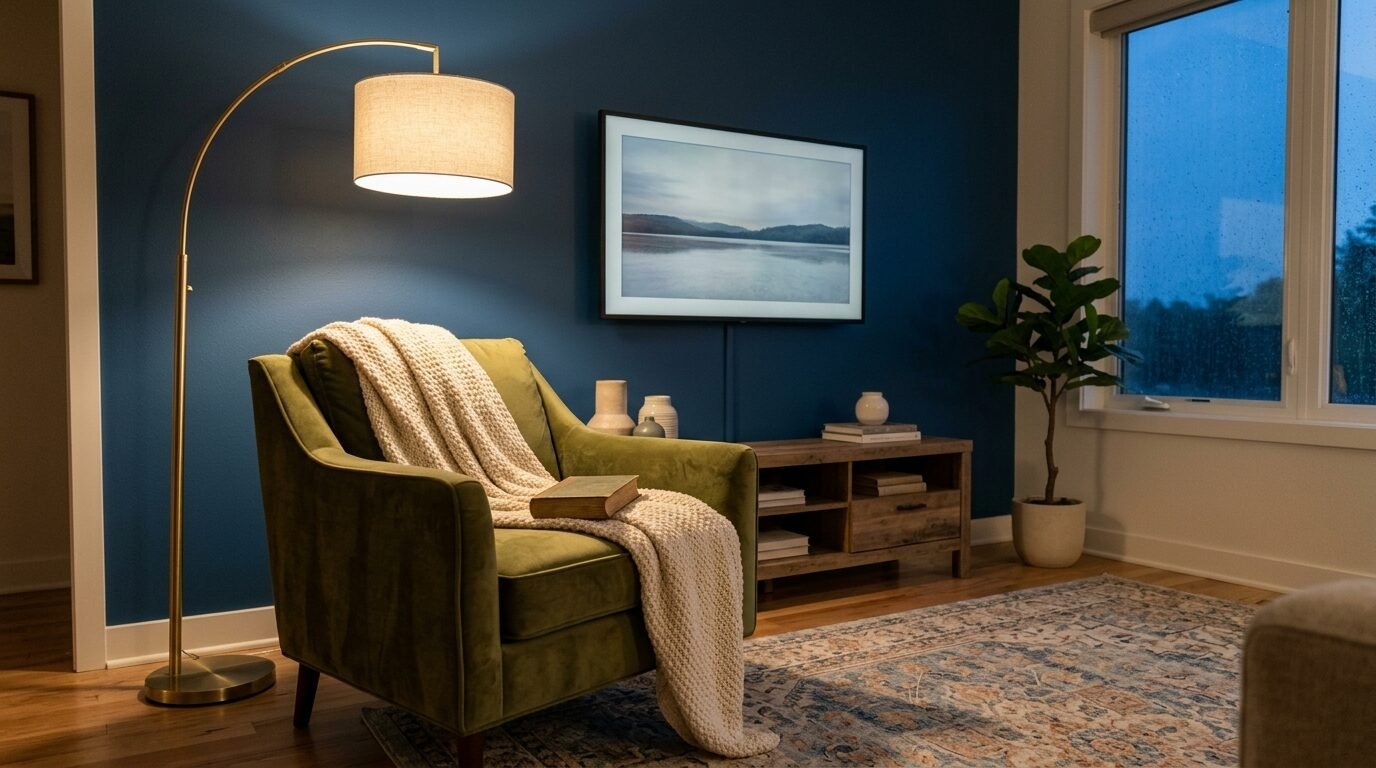 An olive green velvet armchair with a textured throw blanket, next to a brass arc lamp and dark blue accent wall.