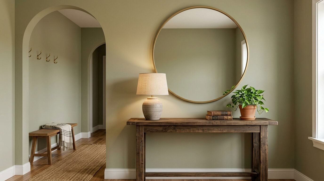 A rustic wooden console table under a round gold mirror, featuring a lamp, books, and a potted plant in a green room.