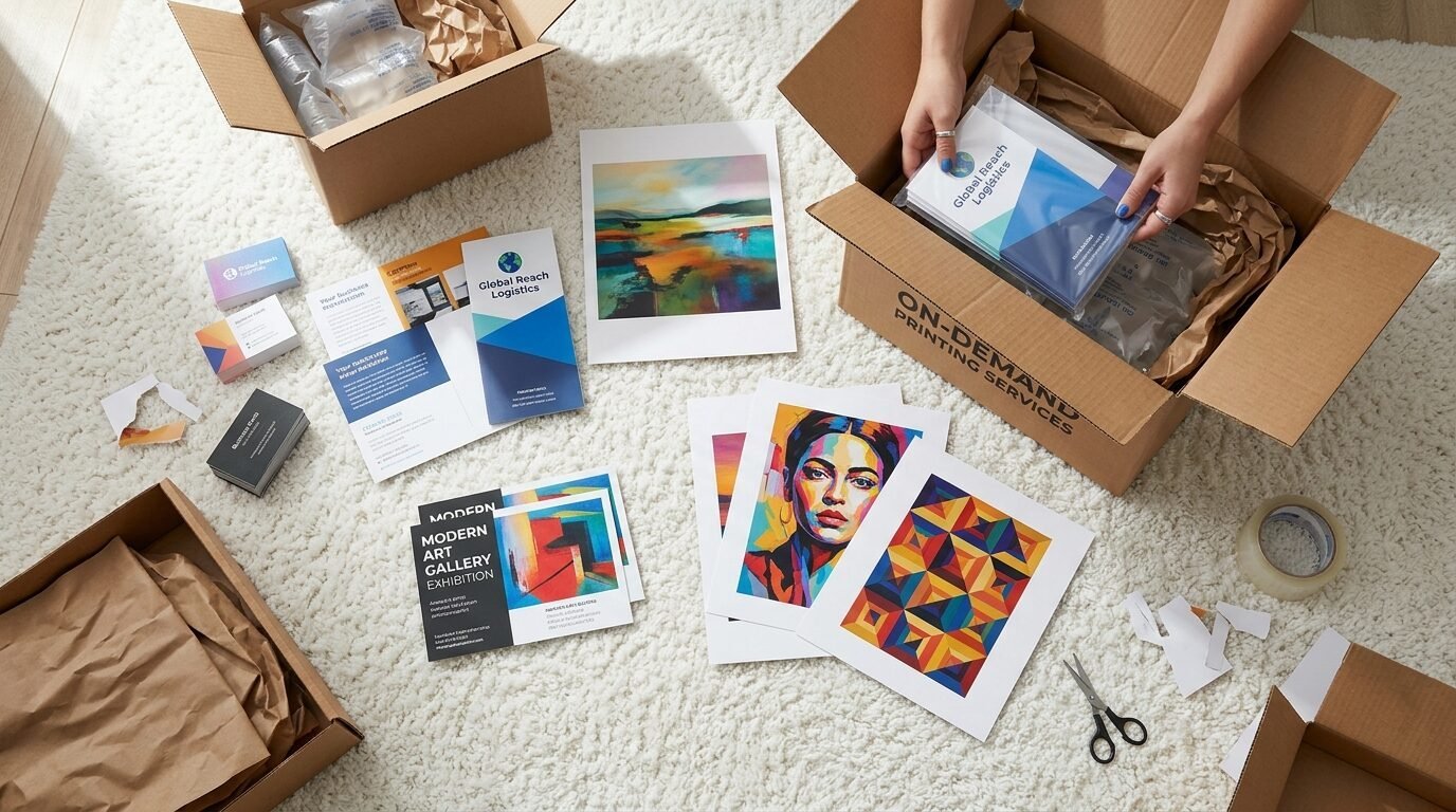 A person placing promotional brochures into a branded logistics shipping box surrounded by various art prints.