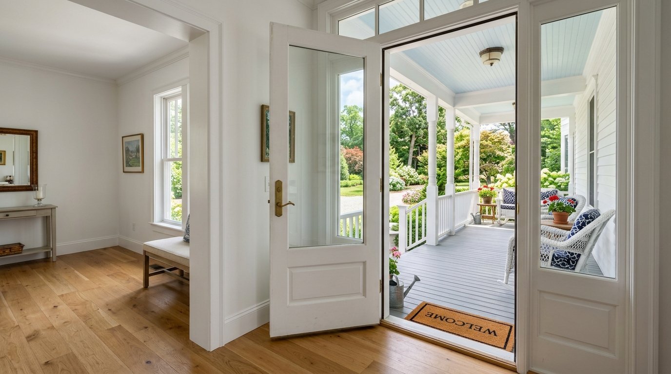 A wooden front door stands open to a furnished farmhouse porch with blue ceiling and outdoor wicker furniture.