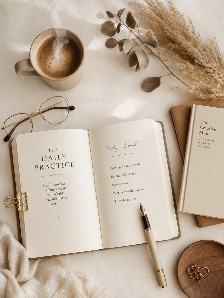 An open notebook with positive affirmations next to a steaming coffee mug, glasses, and a fountain pen on beige fabric.