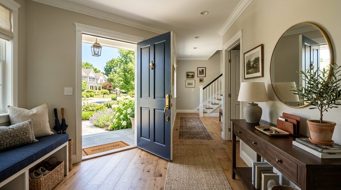 A bright home foyer featuring a deep blue front door, wood flooring, and a console table with a circular mirror.