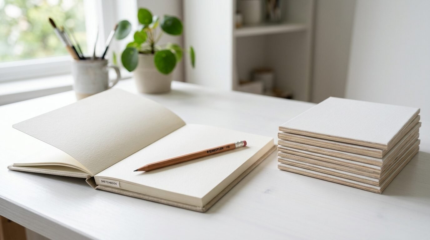 A blank sketchbook with a pencil, plant, and stack of canvas boards on a clean white workspace.