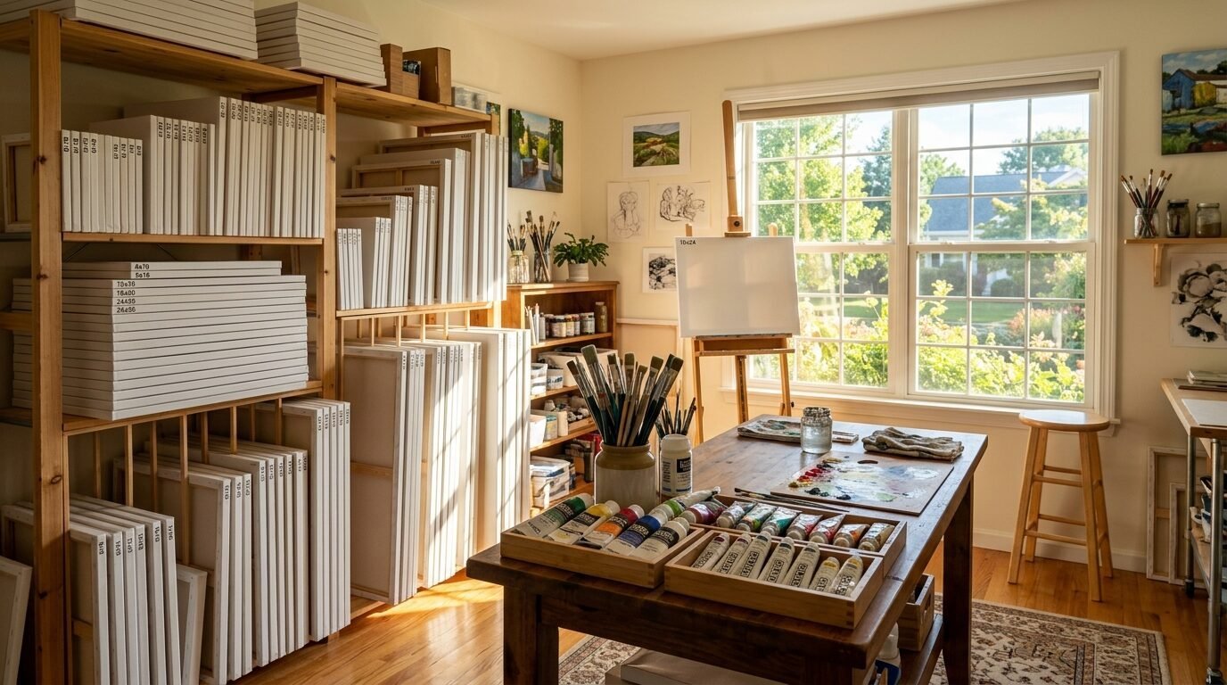 Wooden art studio filled with rows of white canvases, paint tubes, and brushes by a sun-drenched window.