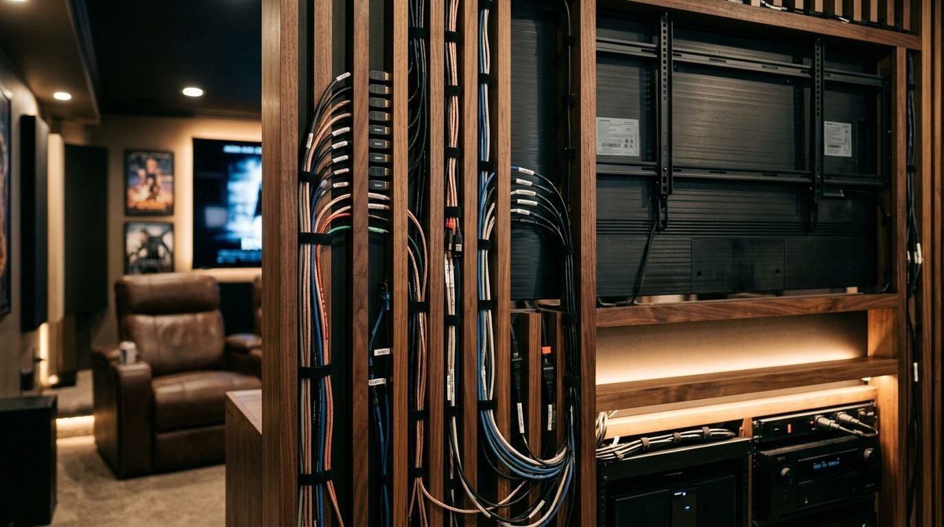 Close up view of color coded electronic wiring and home theater components installed in a custom wood rack structure.