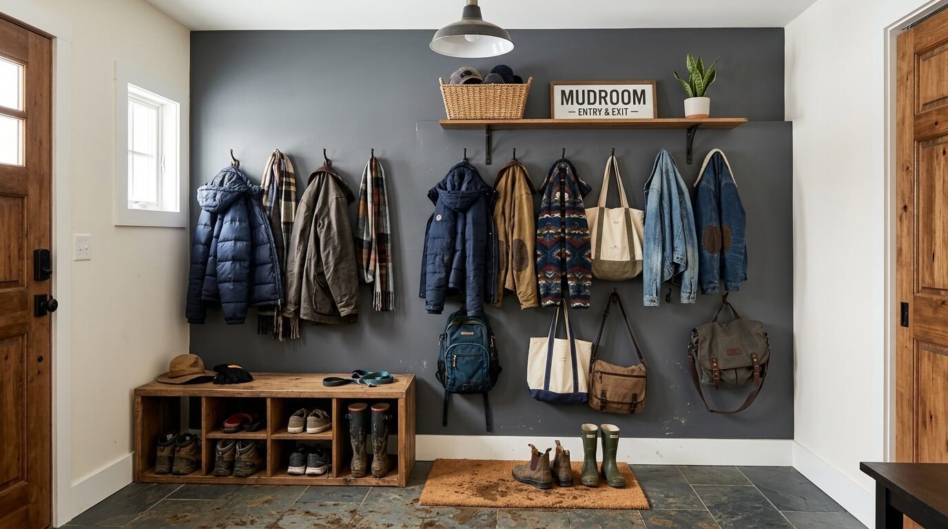 Charcoal grey mudroom wall with hanging jackets, bags, and a wooden bench with shoe storage on a slate floor.