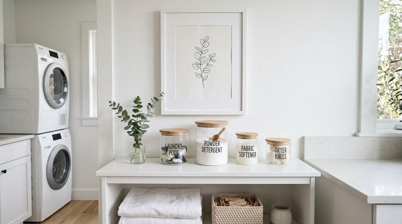 White laundry room shelf featuring glass containers for detergent and pods under a framed eucalyptus line drawing.