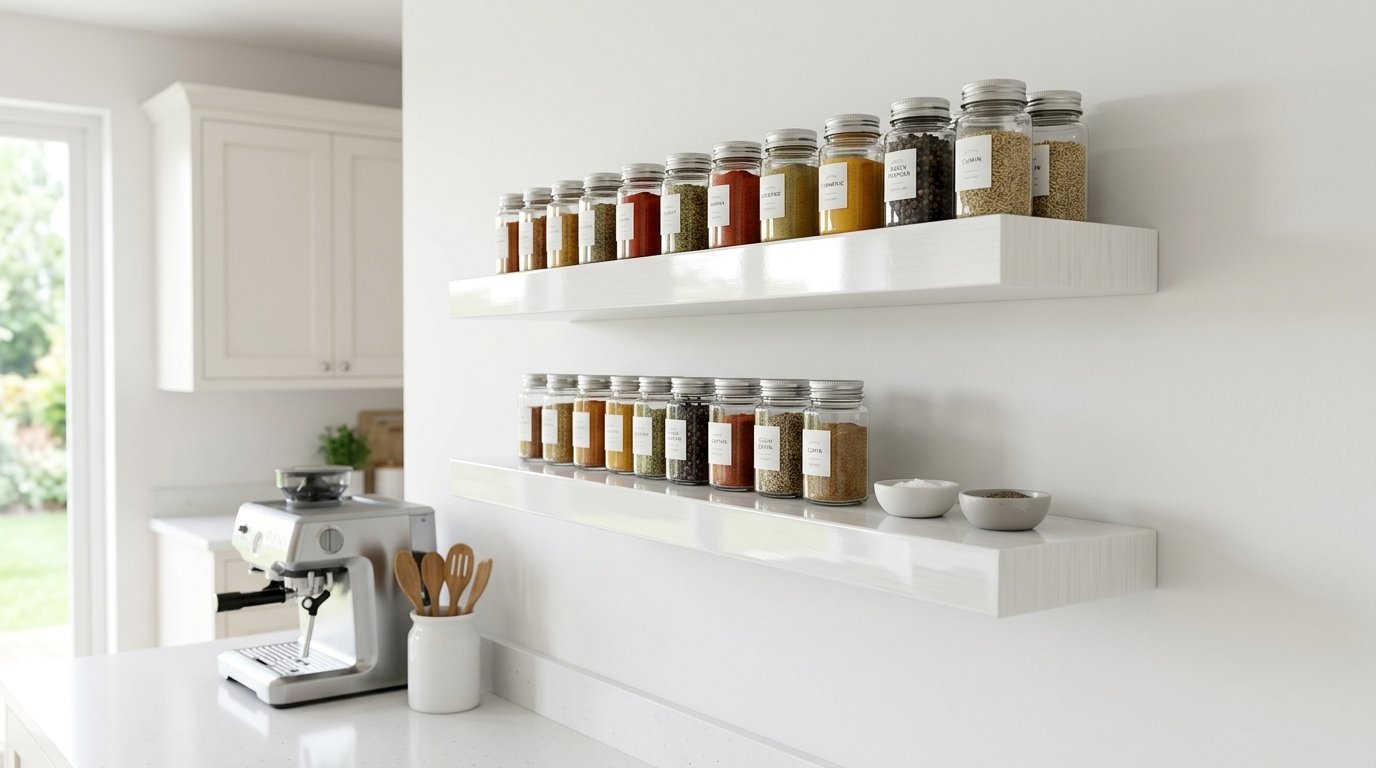 Rows of glass jars filled with colorful spices on two wall-mounted shelves in a modern bright kitchen.