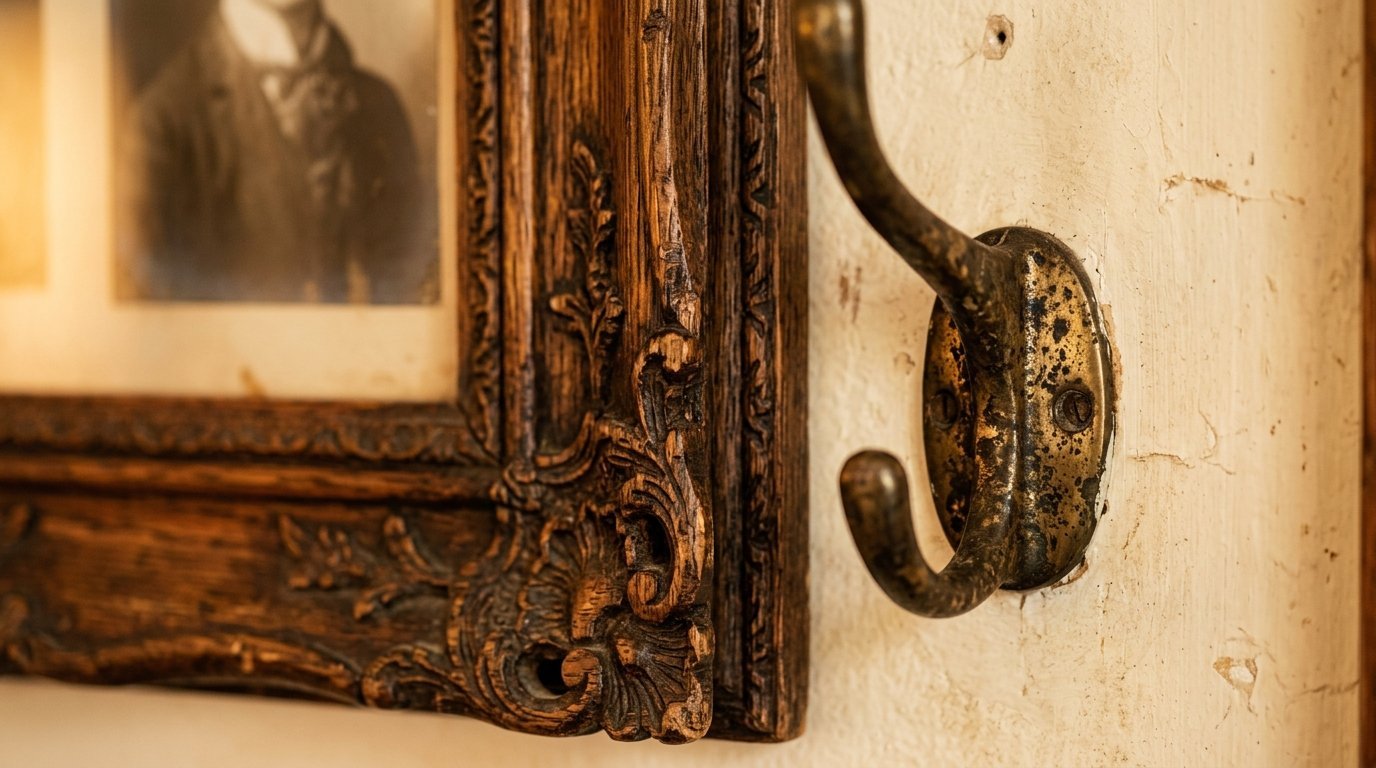 Detailed view of an aged wooden photo frame next to a weathered, tarnished brass wall hook on a cracked wall.
