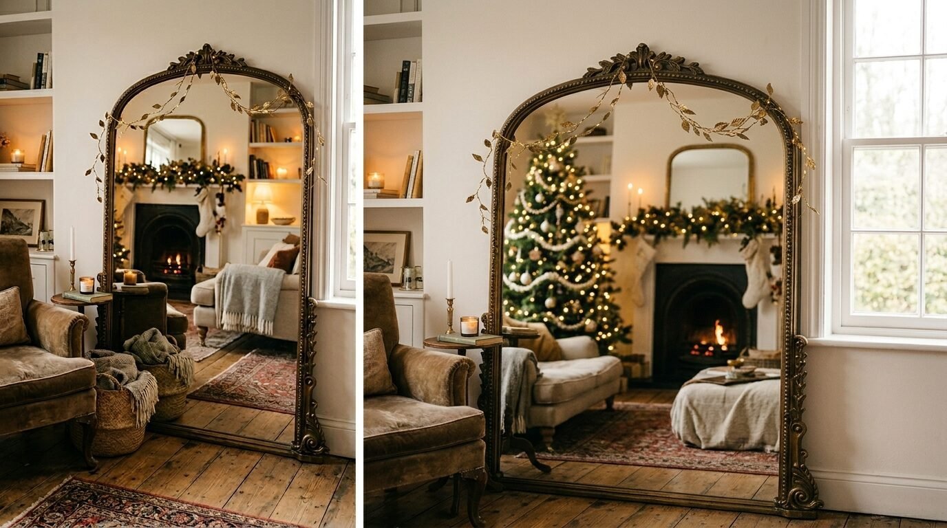 A large gold ornate mirror reflects a fireplace decorated for Christmas with a tree and stockings in a warm living room.