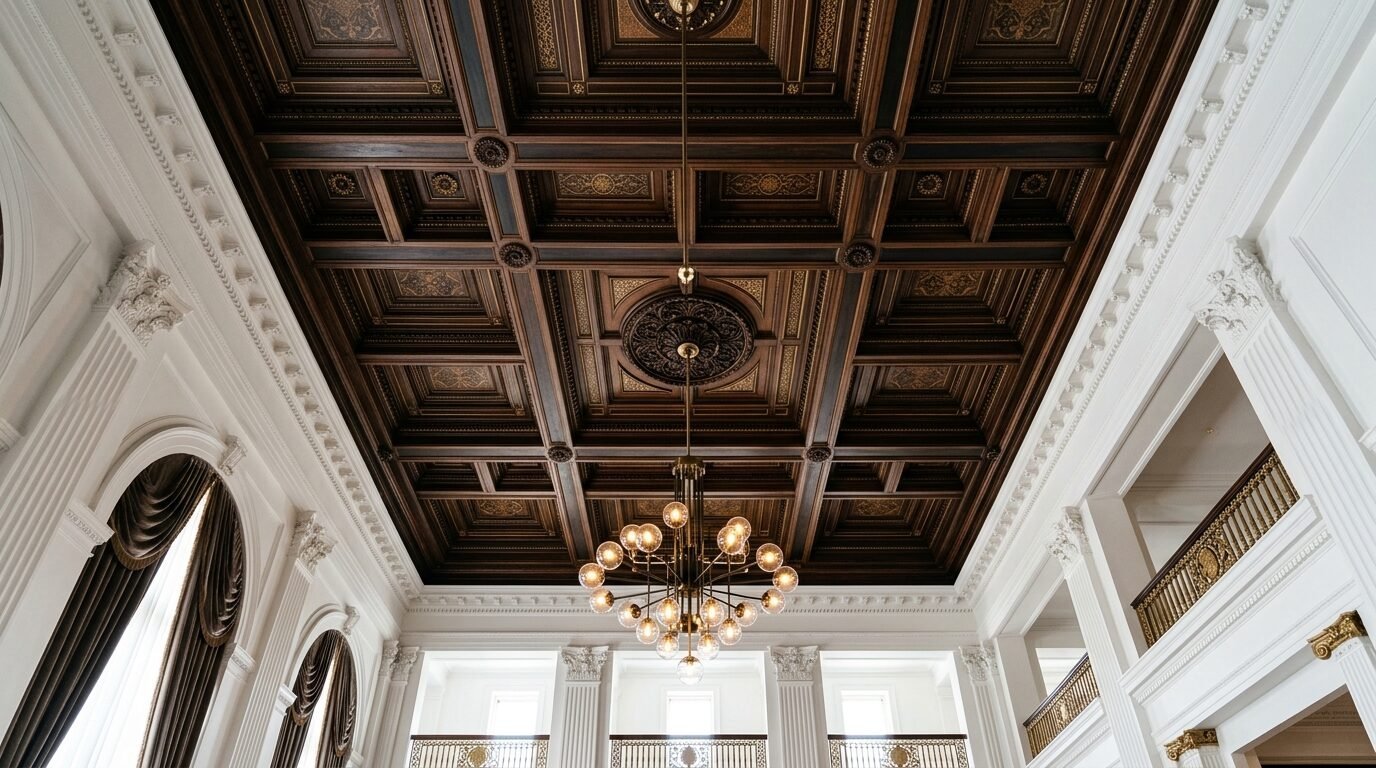 Looking up at a detailed coffered wooden ceiling with intricate gold carvings above a modern globe light fixture.