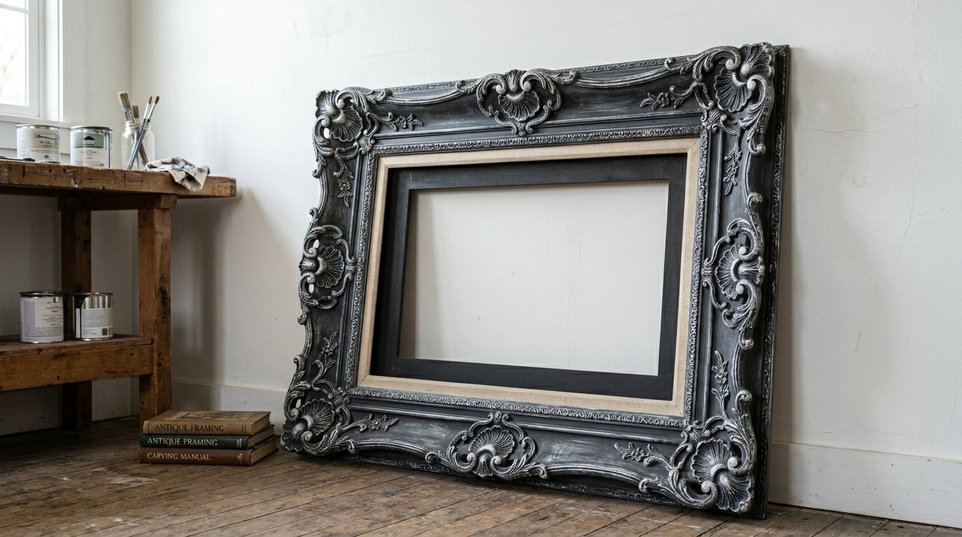 Large decorative black and silver picture frame leaning against a white wall next to a rustic workbench.