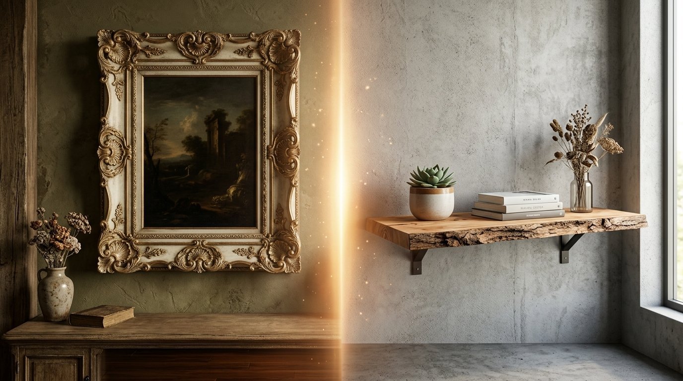 Split image showing an ornate gold framed painting on a green wall and a live-edge wooden shelf on concrete.