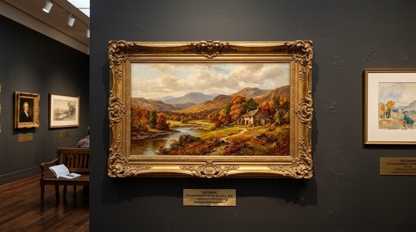 An ornate gold frame holds a painting of a rustic cabin in a colorful autumn landscape on a dark gallery wall.