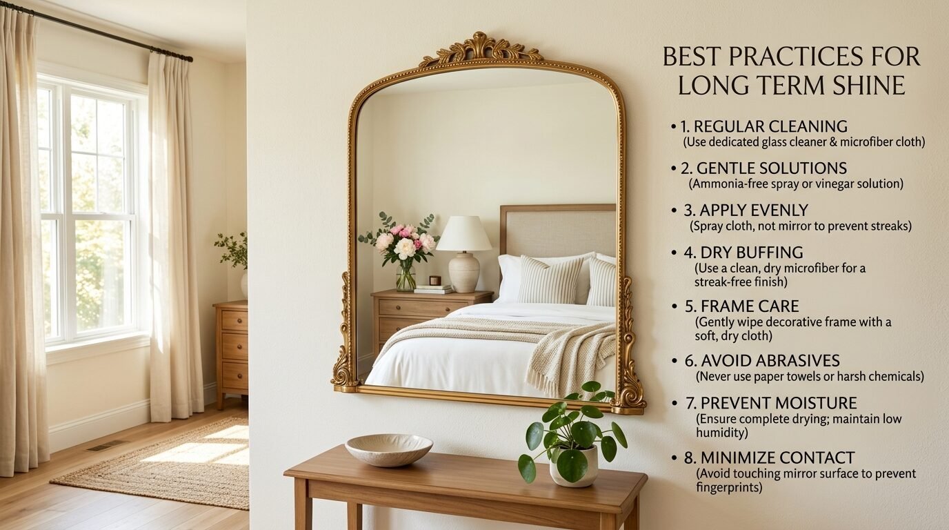 An ornate arched gold mirror hangs above a wooden console table with a checklist of mirror care tips next to it.