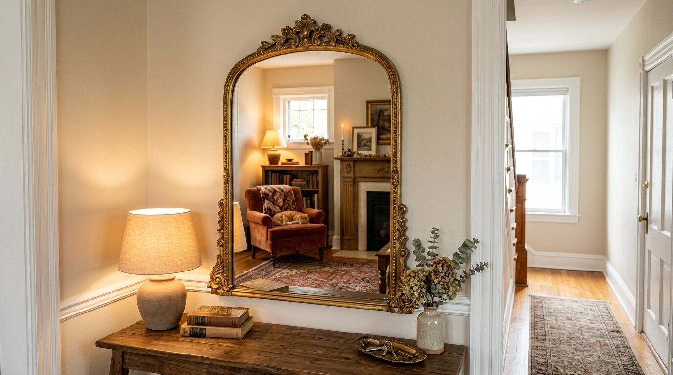 An ornate gold mirror hangs over a wooden console table, reflecting a warm living room with a fireplace and armchair.
