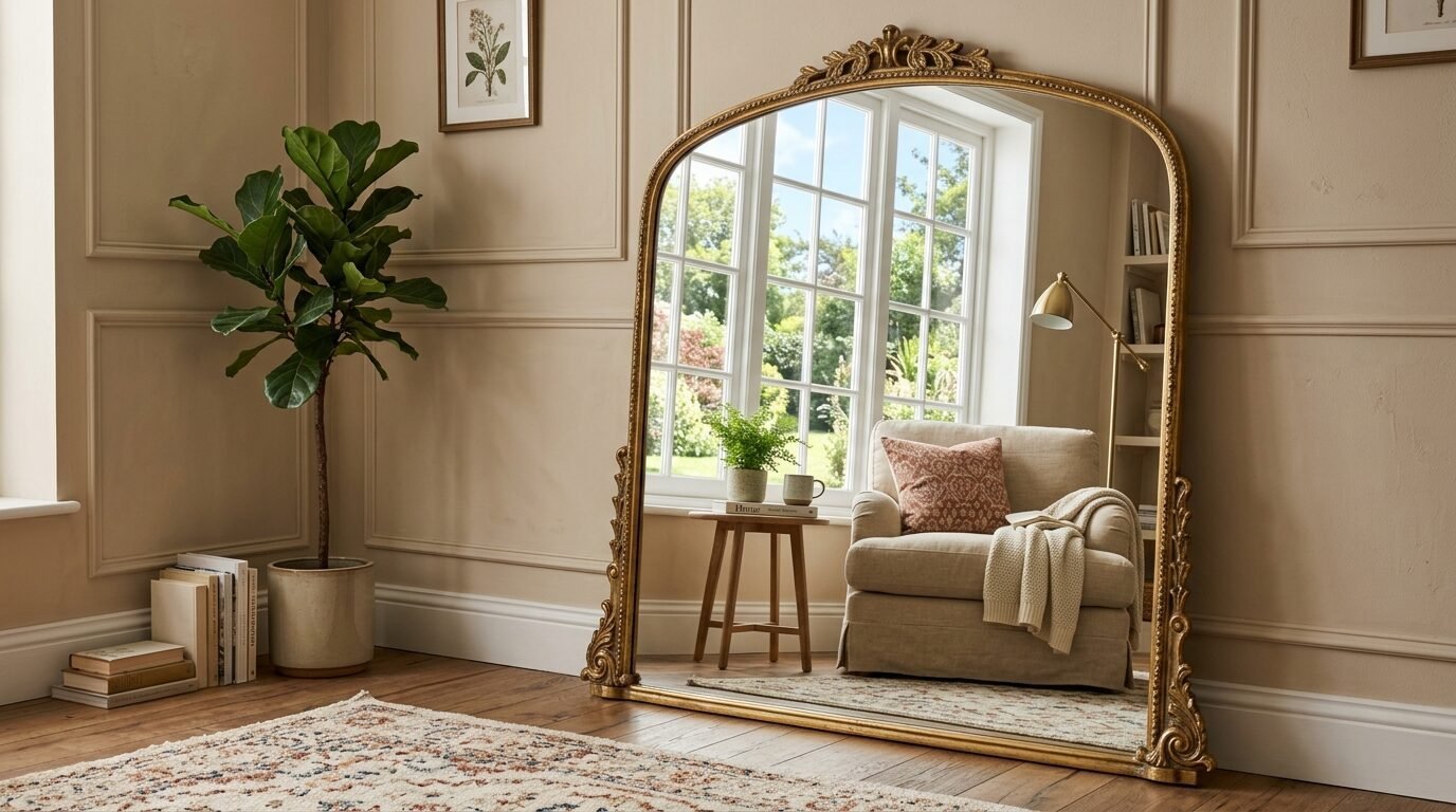 Large ornate gold floor mirror leaning against a paneled wall with a reflection of an armchair and window.