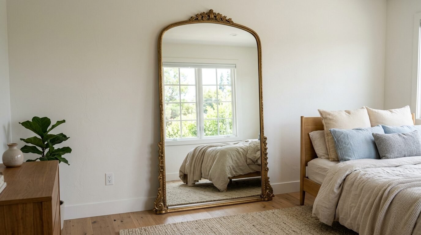 Decorative gold-framed standing mirror placed on the floor in a bright bedroom.