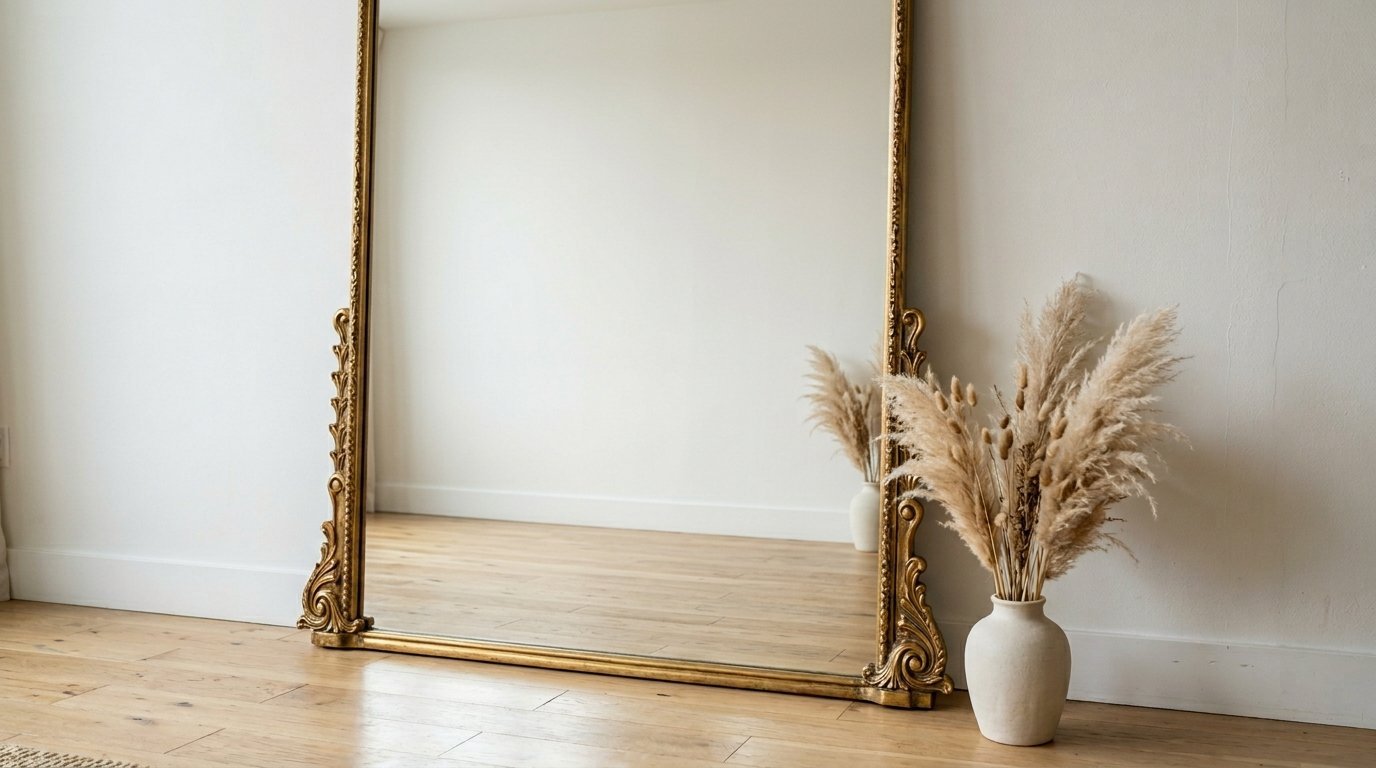 A full-length floor mirror with a decorative gold frame next to a ceramic vase filled with dried pampas grass.
