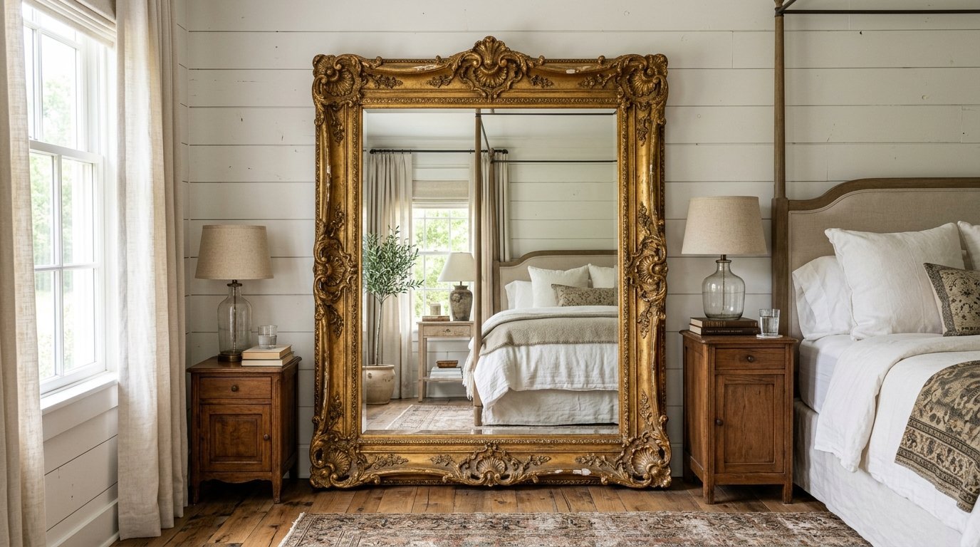 A massive antique gold-framed mirror stands between two wooden nightstands in a white plank-walled bedroom.