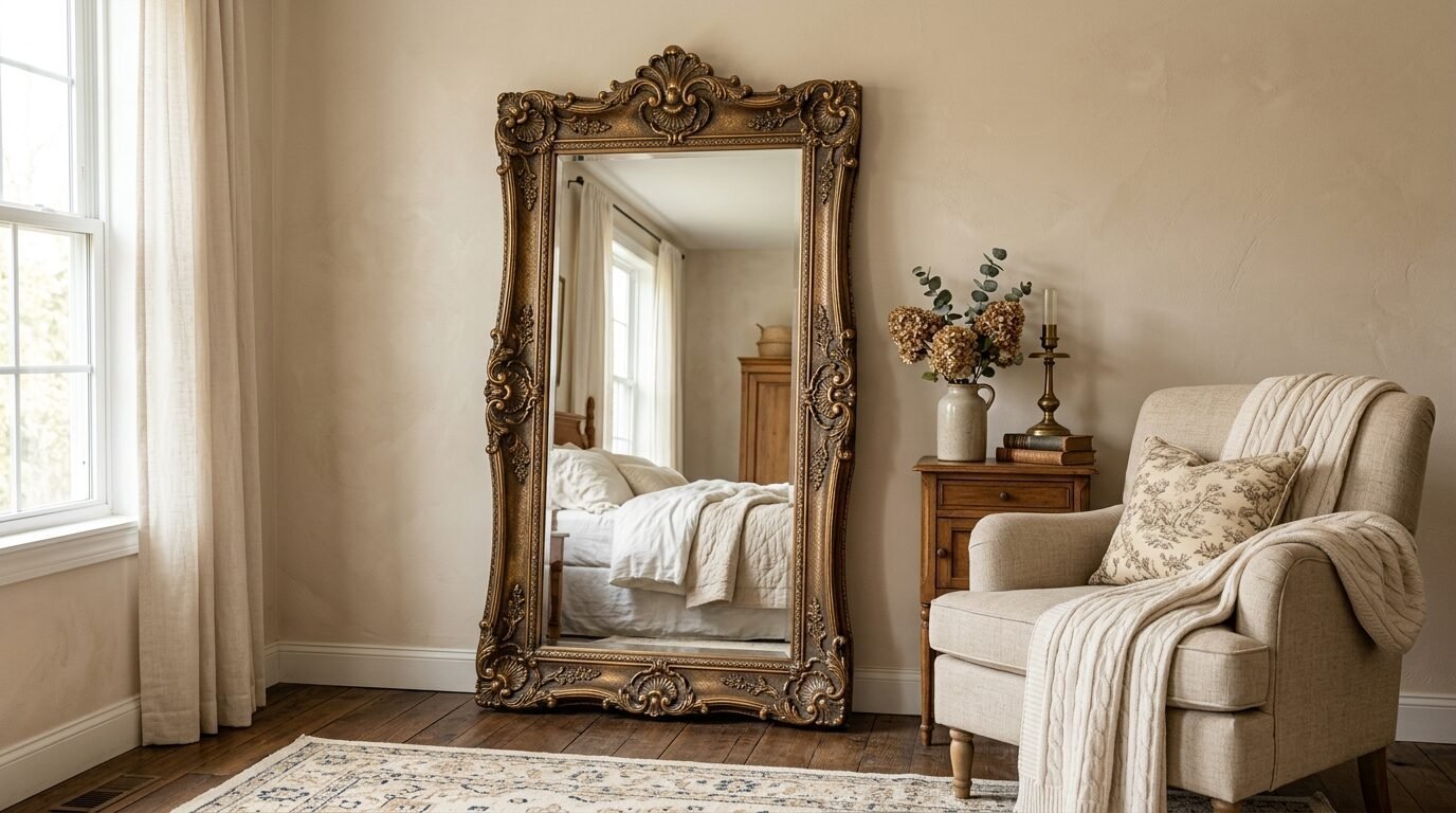 Large antique gold mirror standing on floor next to a linen armchair in a sunlit room.