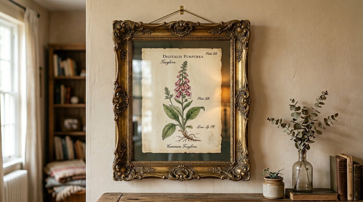 Antique illustration of a Digitalis Purpurea plant displayed in an elaborate metallic frame on a beige wall.