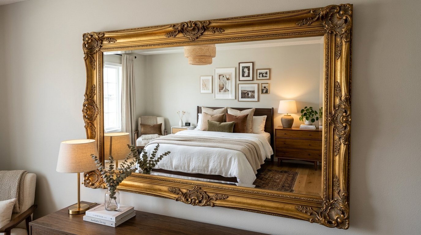 Large ornate gold mirror mounted on a wall reflecting a bedroom with a bed, dresser, and lamp.