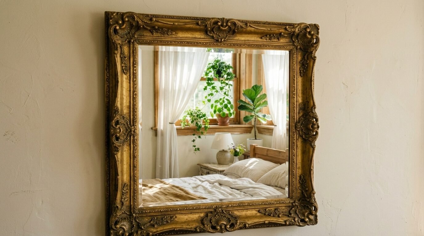 Ornate gold-framed mirror showing a reflection of a sunny bedroom with plants and a wooden bed frame.