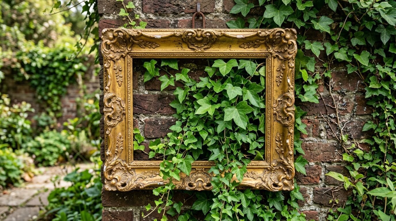 A decorative gold vintage frame mounted on a red brick wall with green ivy vines growing through the center.
