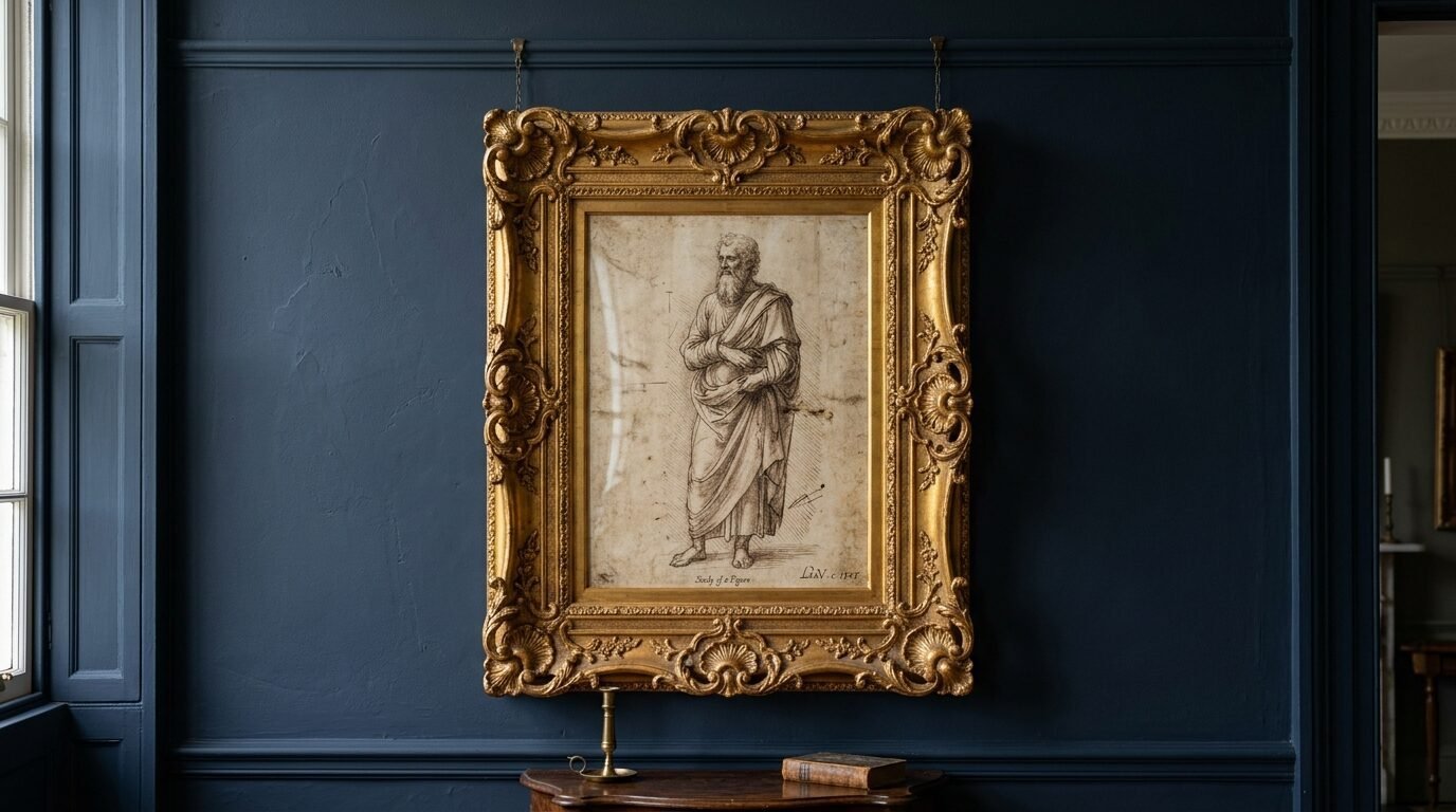A detailed drawing of a bearded man in robes inside a heavy, ornate gold picture frame against dark blue walls.