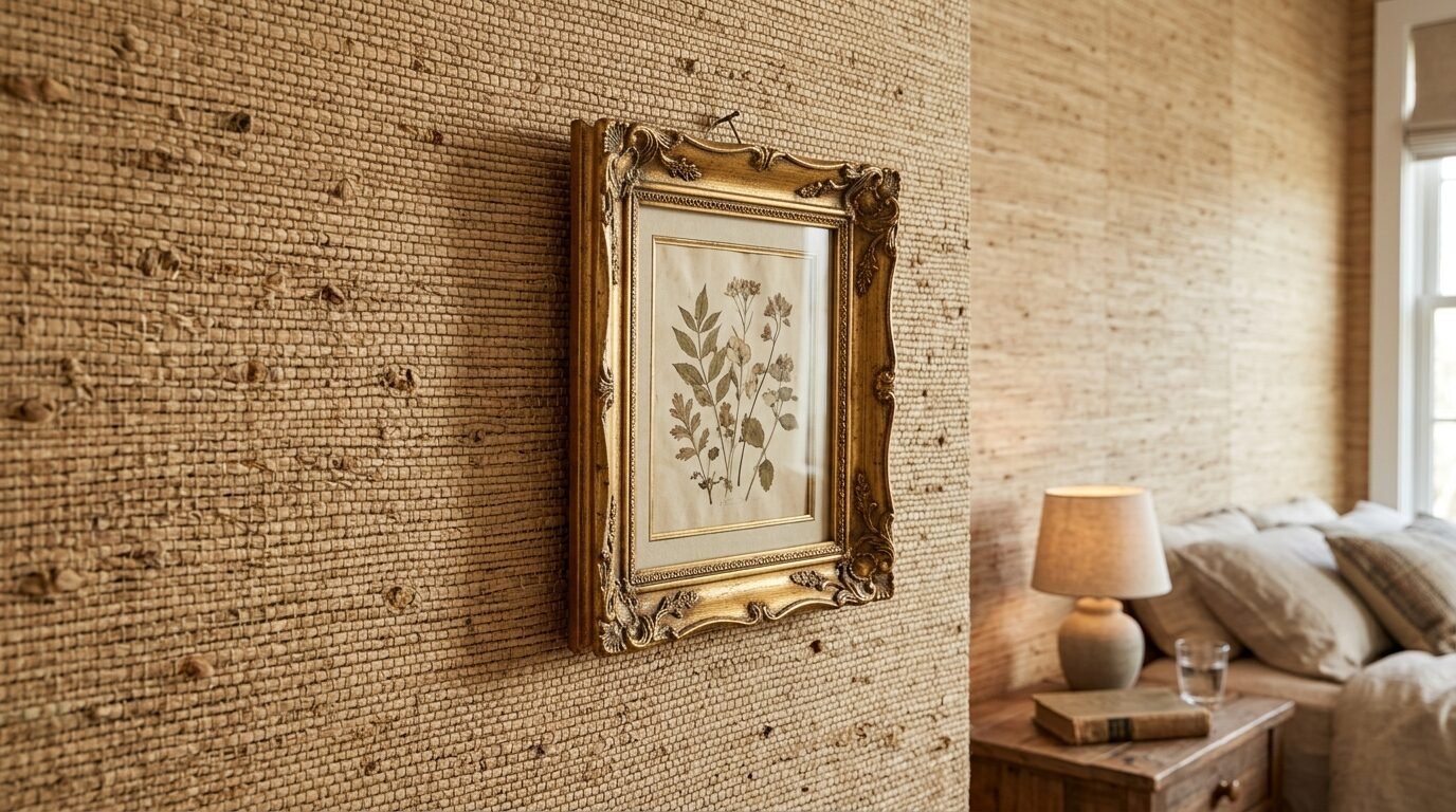 Close up of a botanical drawing in a gilded frame hanging on a textured natural fiber wallpaper wall.
