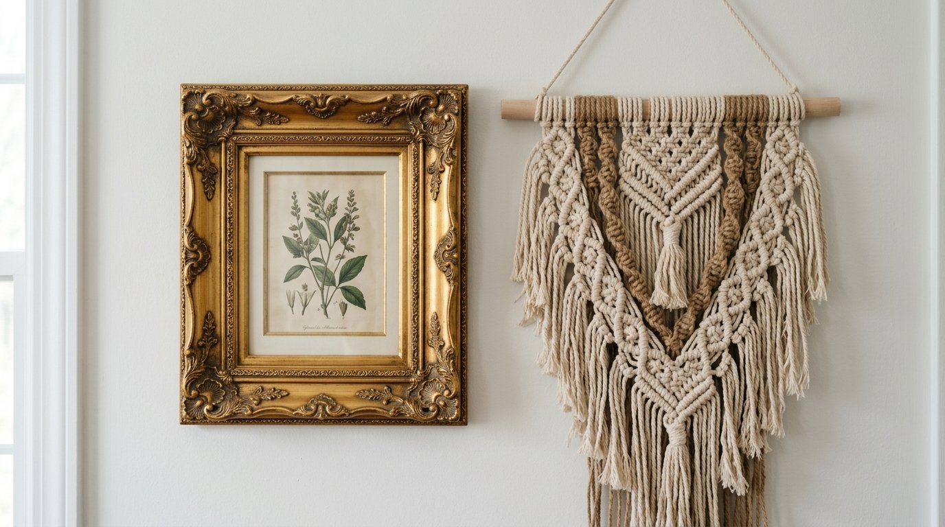 Ornate antique gold picture frame next to a cream and brown bohemian cord wall hanging.