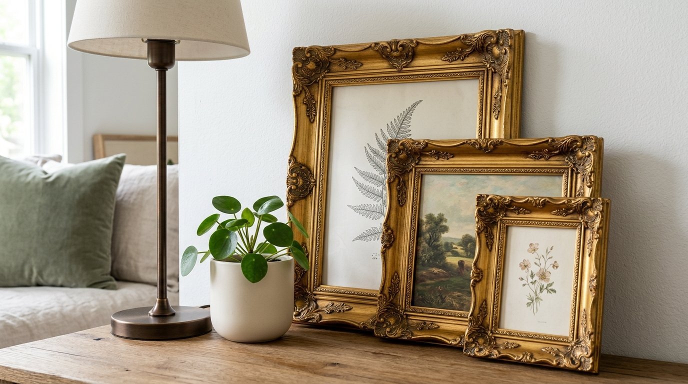 A table lamp, small pilea plant, and three stacked vintage gold frames with botanical and landscape art.