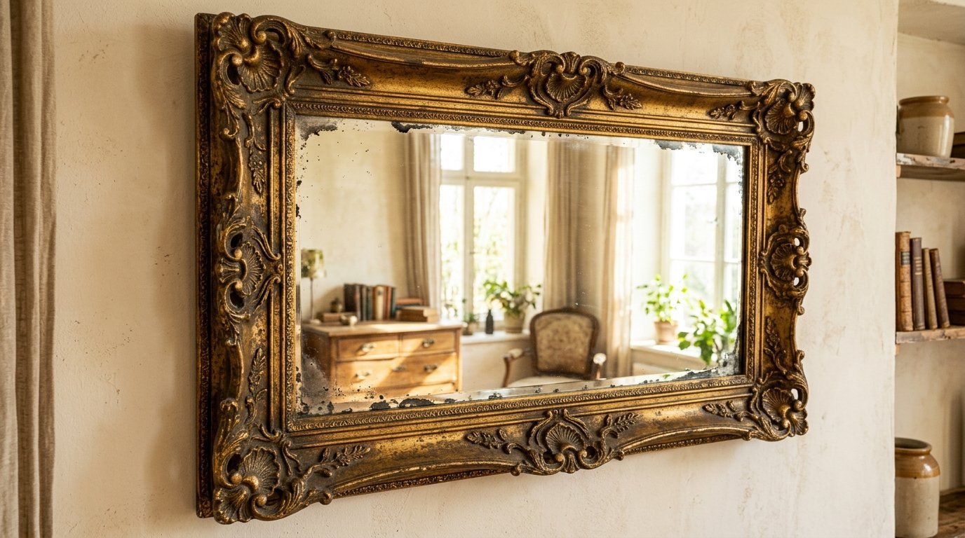 Close up of an antique rectangular mirror with a detailed gold leaf frame reflecting a cozy sunlit room.